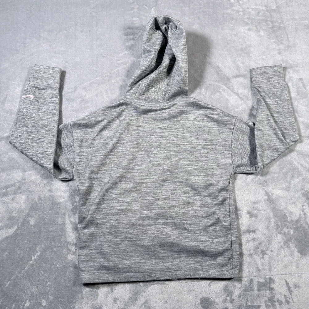 Nike Dri-Fit Hoodie Womens Medium Gray Pink Spellout Loose Fit Cropped Pullover